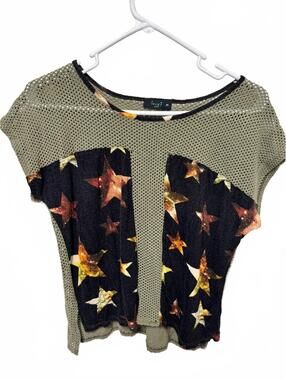 Love J USA Mesh Star Print Short Sleeve Crop Top Green Medium